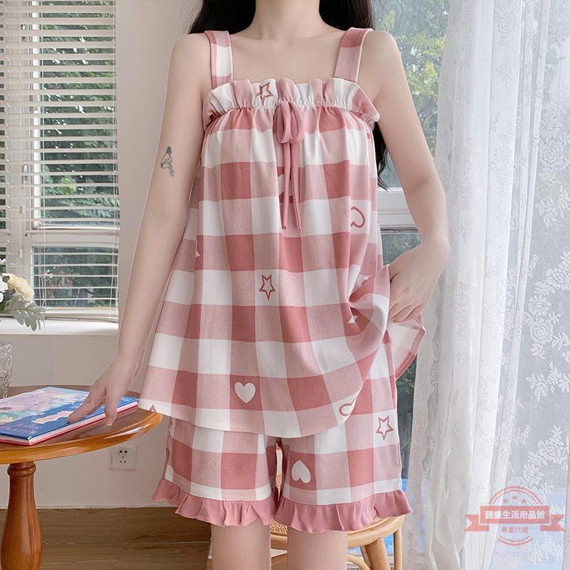 純棉夏季睡衣女性感吊帶格子ins風韓版可愛甜美小個子學生家居服