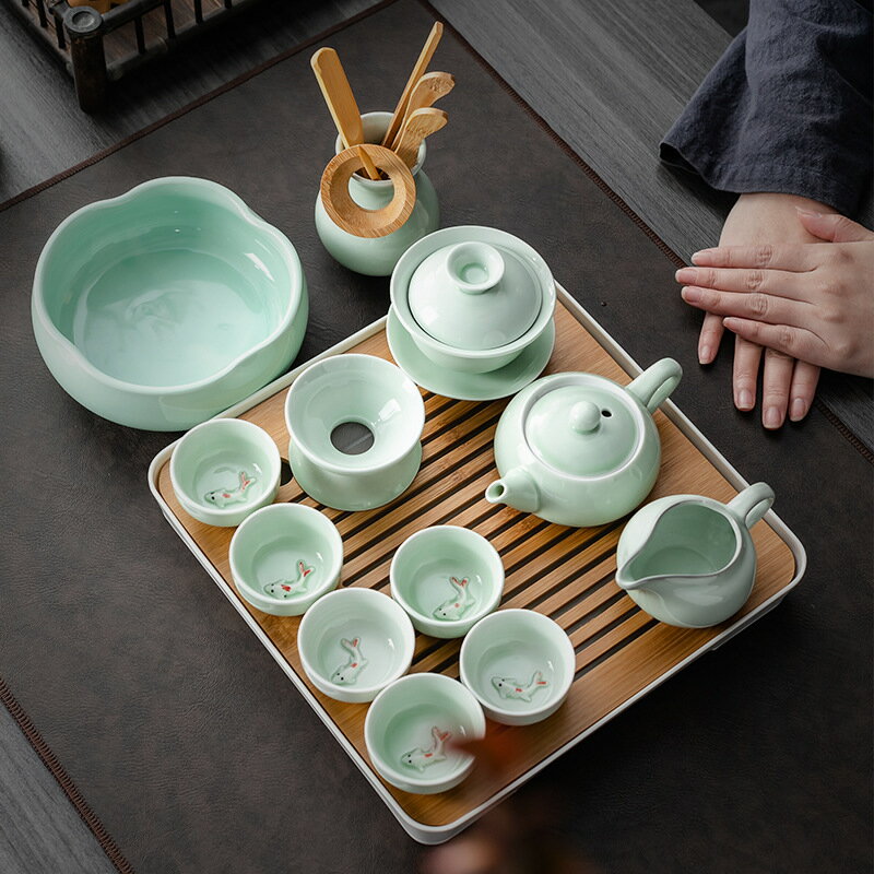 免運 茶具套裝組合 青瓷功夫茶具套裝家用辦公陶瓷鯉魚茶杯蓋碗茶壺茶洗茶盤整套組合
