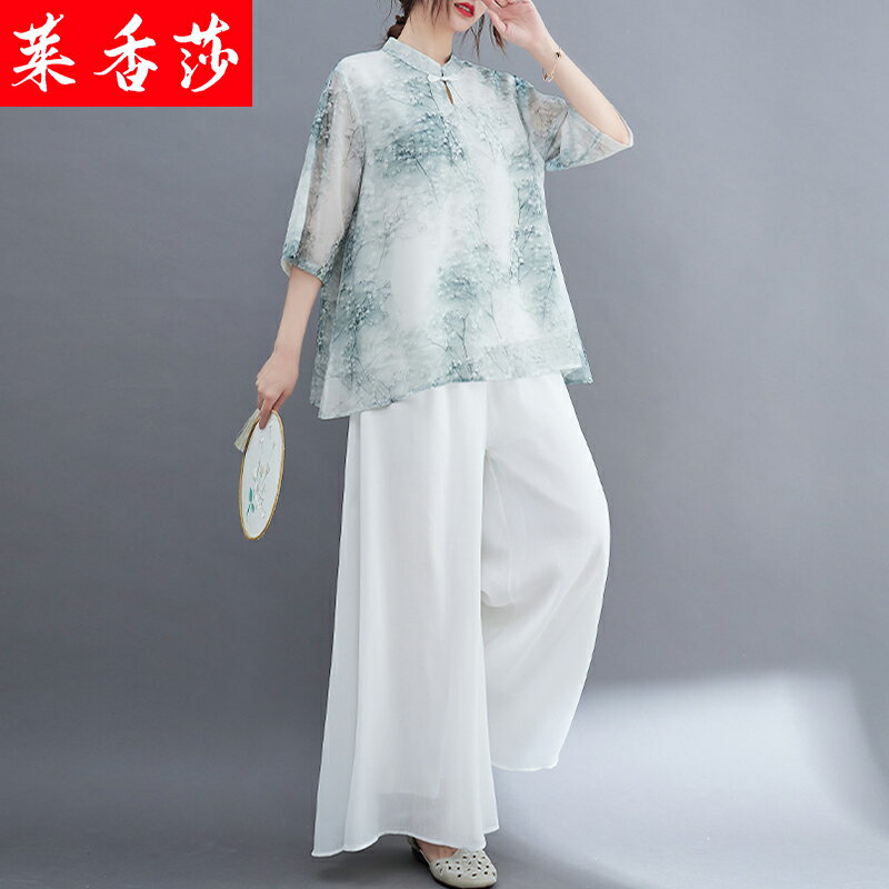 夏季中國風禪意茶服中式唐裝套裝民國風漢服女改良旗袍上衣兩件套