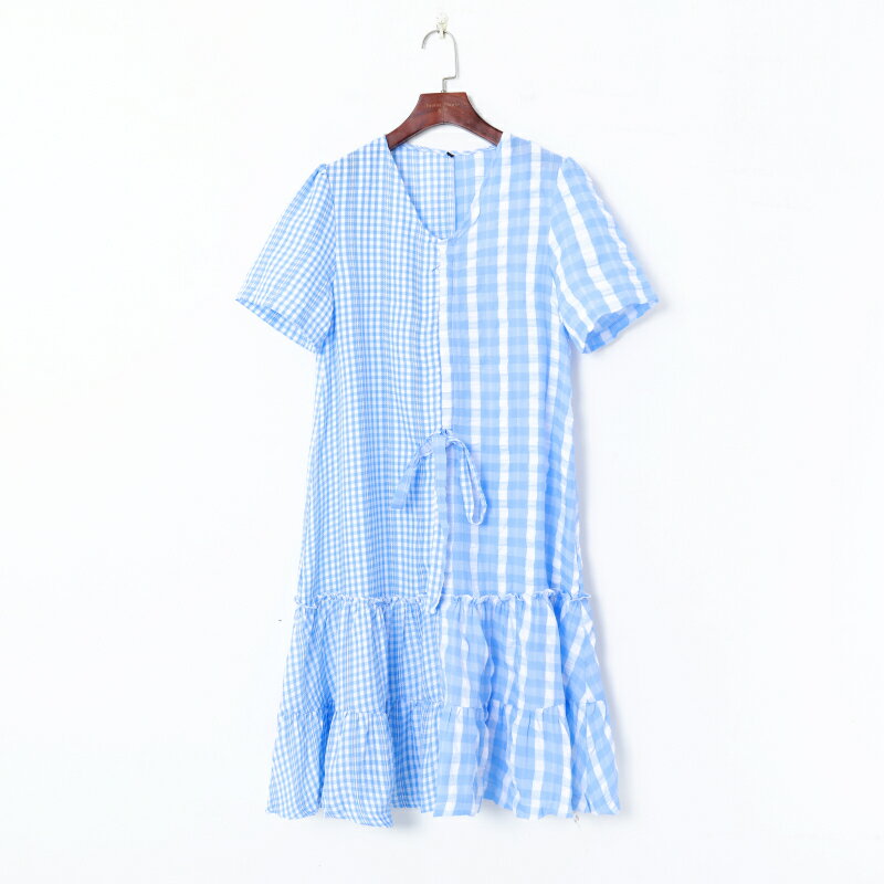 夏季女裝法式復古拼色格紋優雅V領短袖修身系帶荷葉邊連衣裙