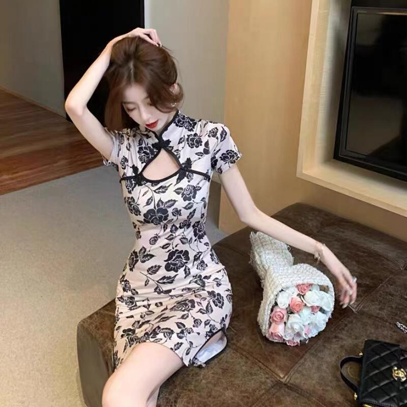 性感改良旗袍中國風印花復古技師工作服夜總店修身包臀連衣裙女夏