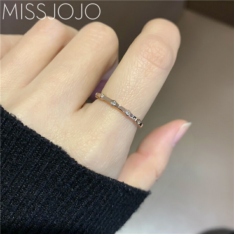 日韓版簡約個性基本款細款鈦鋼鍍18K玫瑰金色鑲鉆食指戒指女尾戒