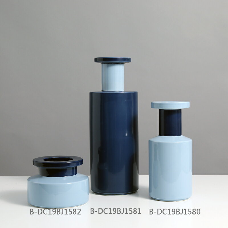 現代簡約藍色幾何花器瓶桌面擺件北歐式托盤儲物罐茶具客廳裝飾品
