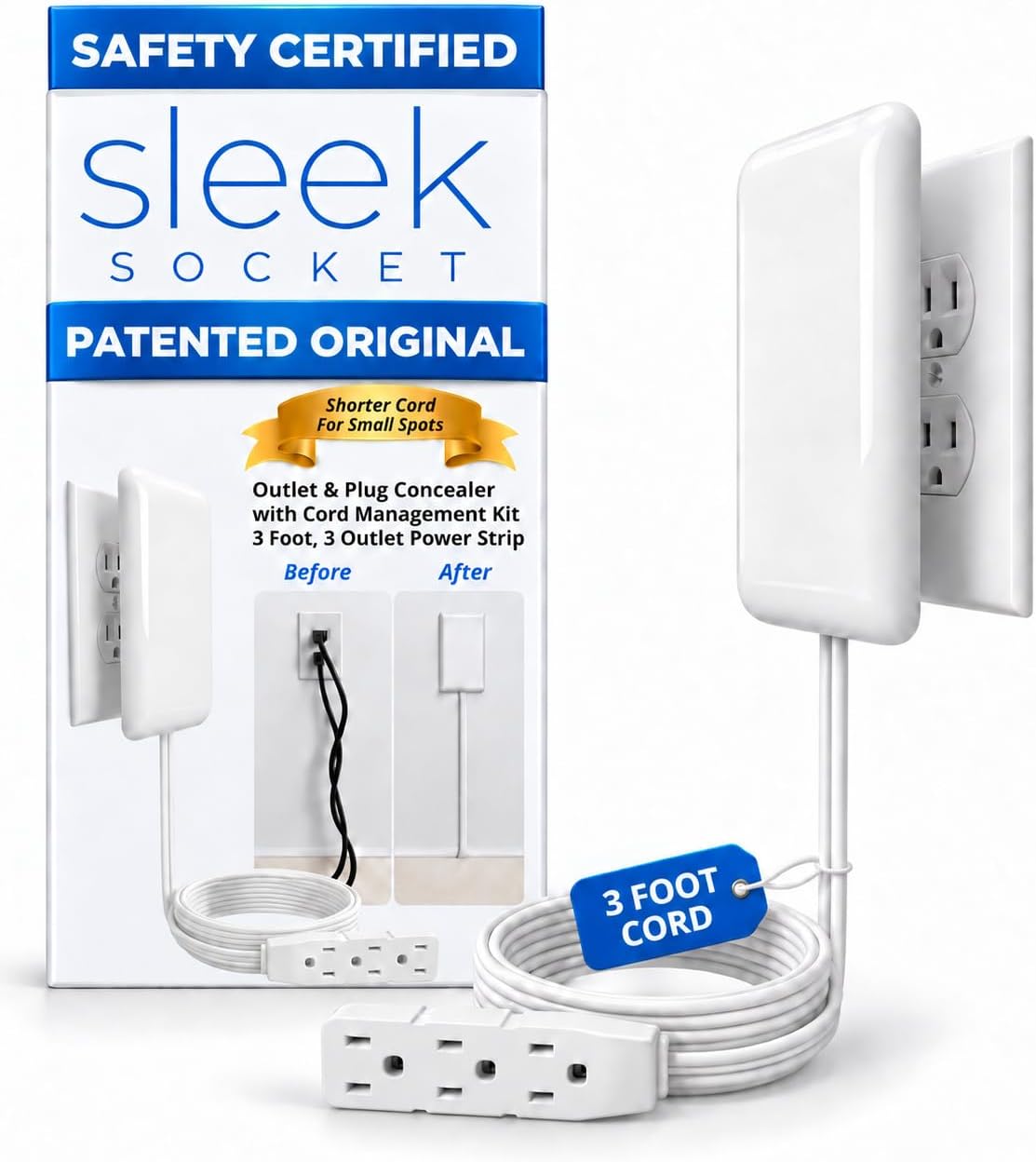 [6美國直購] Sleek Socket 平頭插座蓋式延長線 3插 90cm線長 UL認證 Original & Patented Flat Ultra-Thin Outlet Concealer