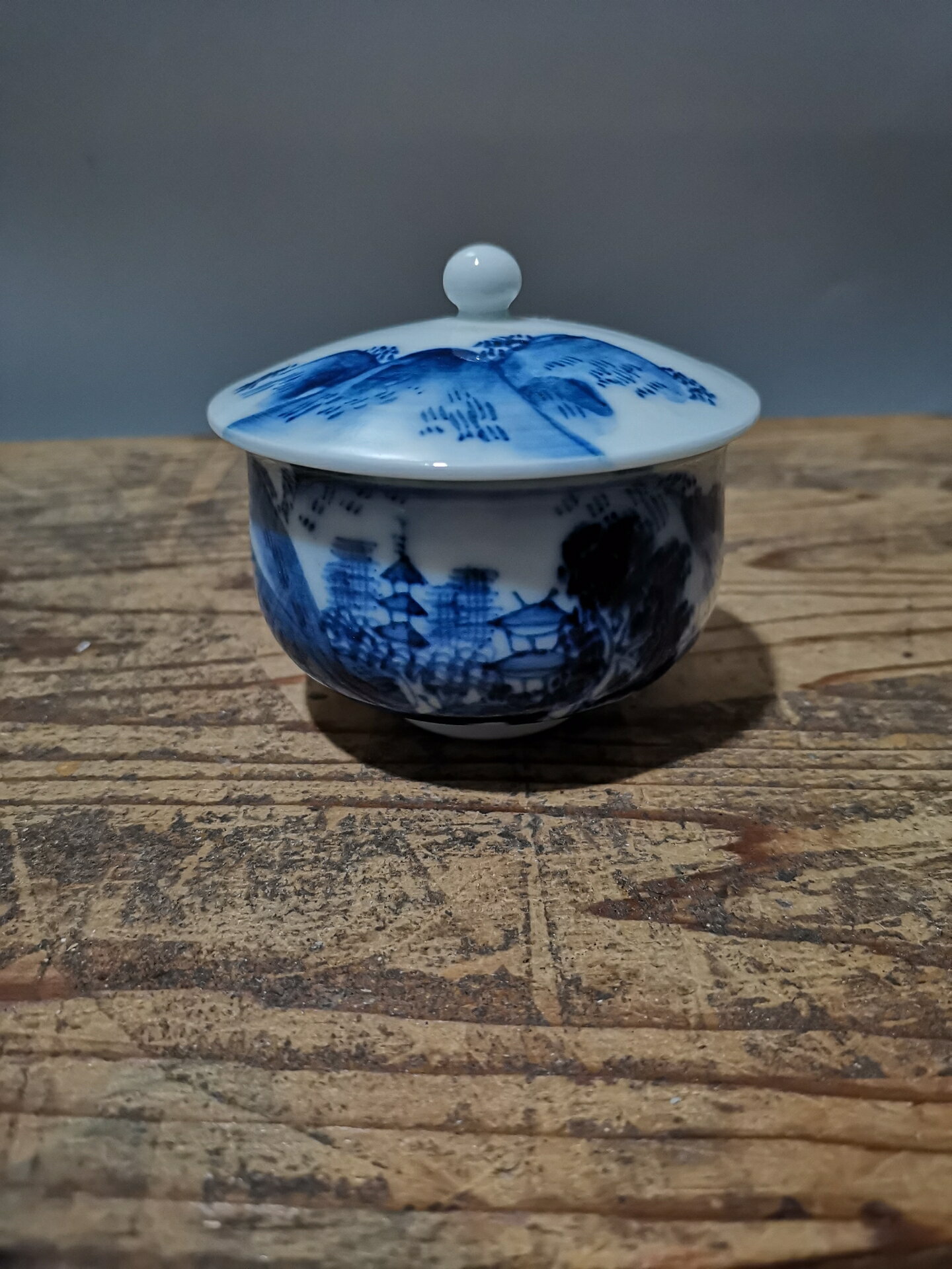 日本回流瓷器昭和時期平安壽山作青花山水詩文杯茶杯蓋杯蓋碗，有