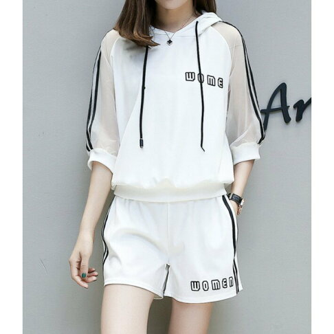 中大尺碼女裝 韓版寬鬆五分袖連帽休閒運動套裝 女短褲 兩件套 連帽T恤+短褲 櫻桃嚴選 0