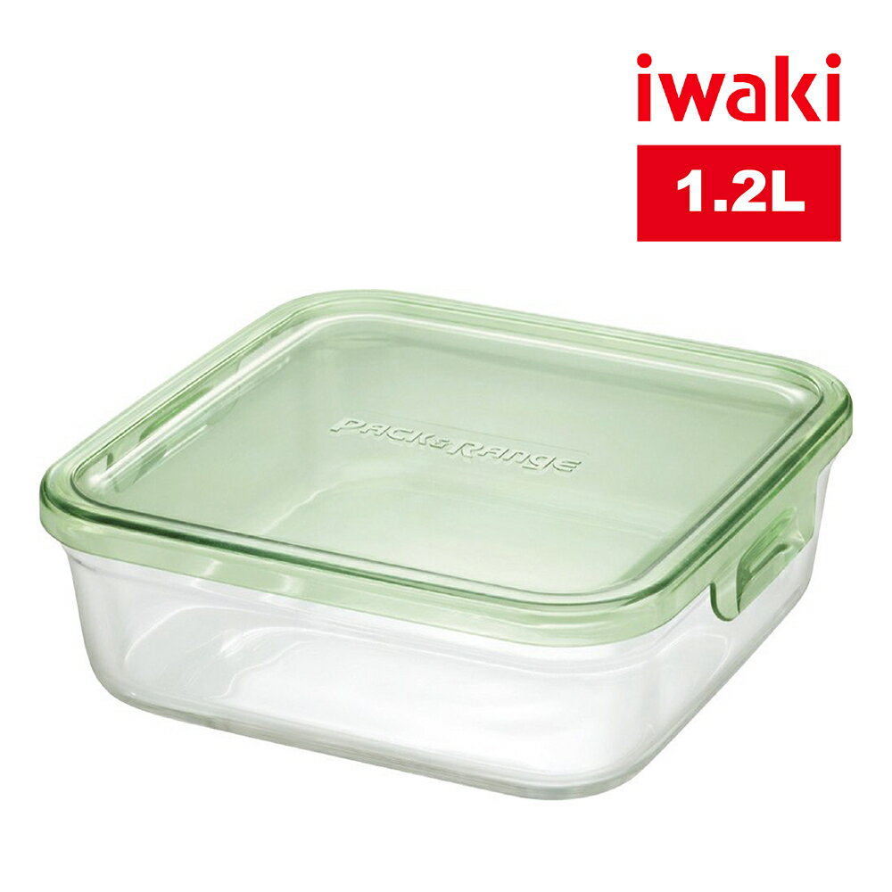 【iwaki】日本耐熱玻璃方形微波保鮮盒1.2L-綠-KT3248N-G