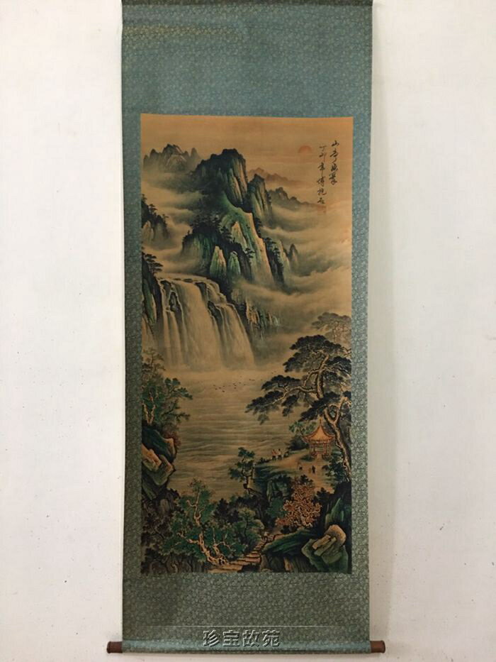 新品古玩字畫復古卷軸山亭幽翠山水圖客廳中堂裝飾老掛畫仿古