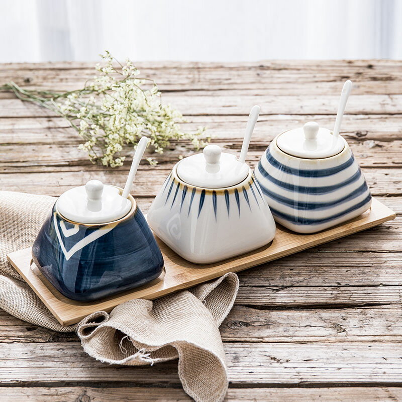 日式陶瓷調味罐套裝廚房家用裝鹽罐子調料收納罐帶蓋調料瓶調料盒