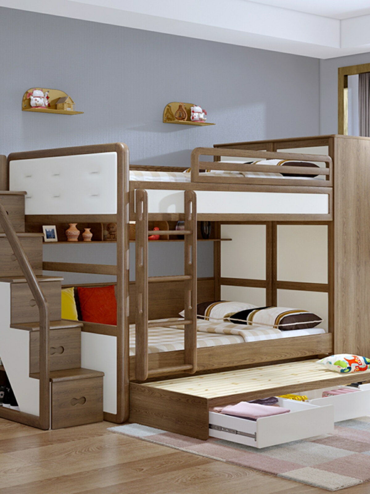 平行雙層床全實木組合床帶衣柜上下床高低床兒童小戶型子母床成人