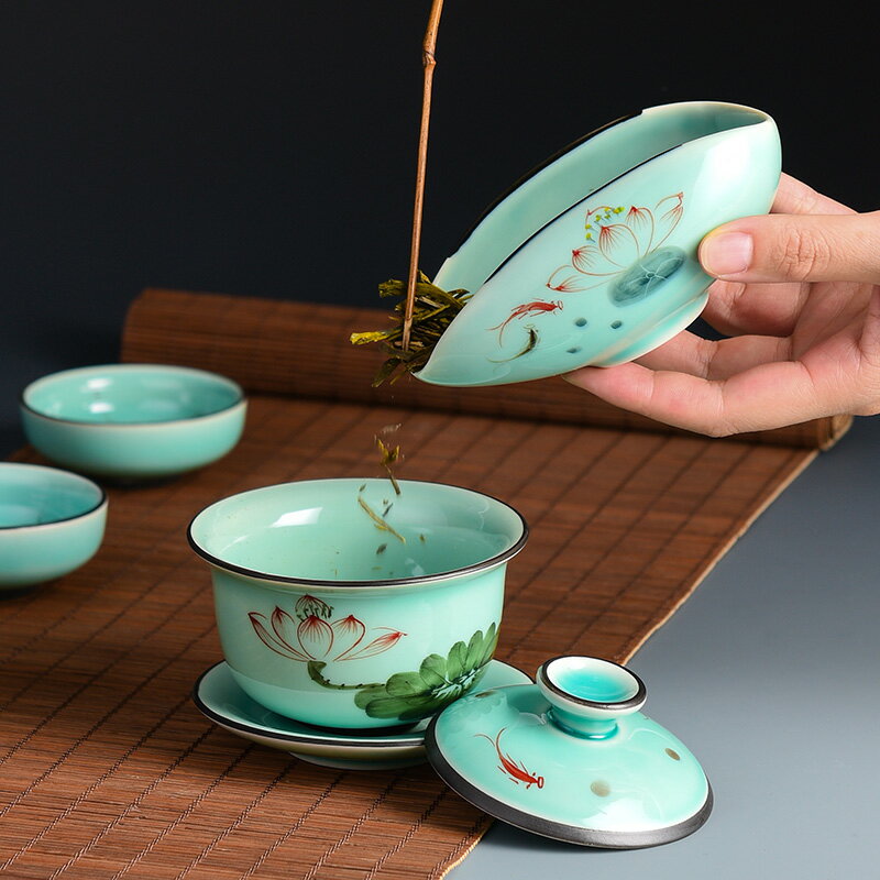 青瓷手繪茶荷 高白瓷陶瓷玉瓷功夫茶具茶道配件 導茶觀賞茶葉用具