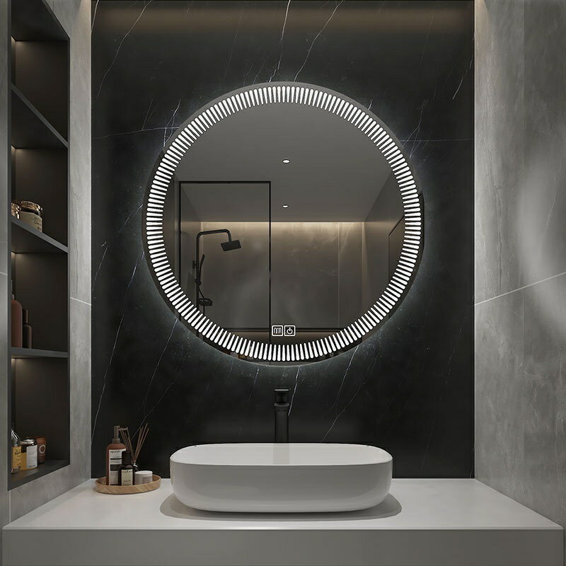 開發票 圓形智能浴室鏡掛墻衛生間帶燈鏡子LED觸摸屏感應防霧發光掛壁鏡 快速出貨