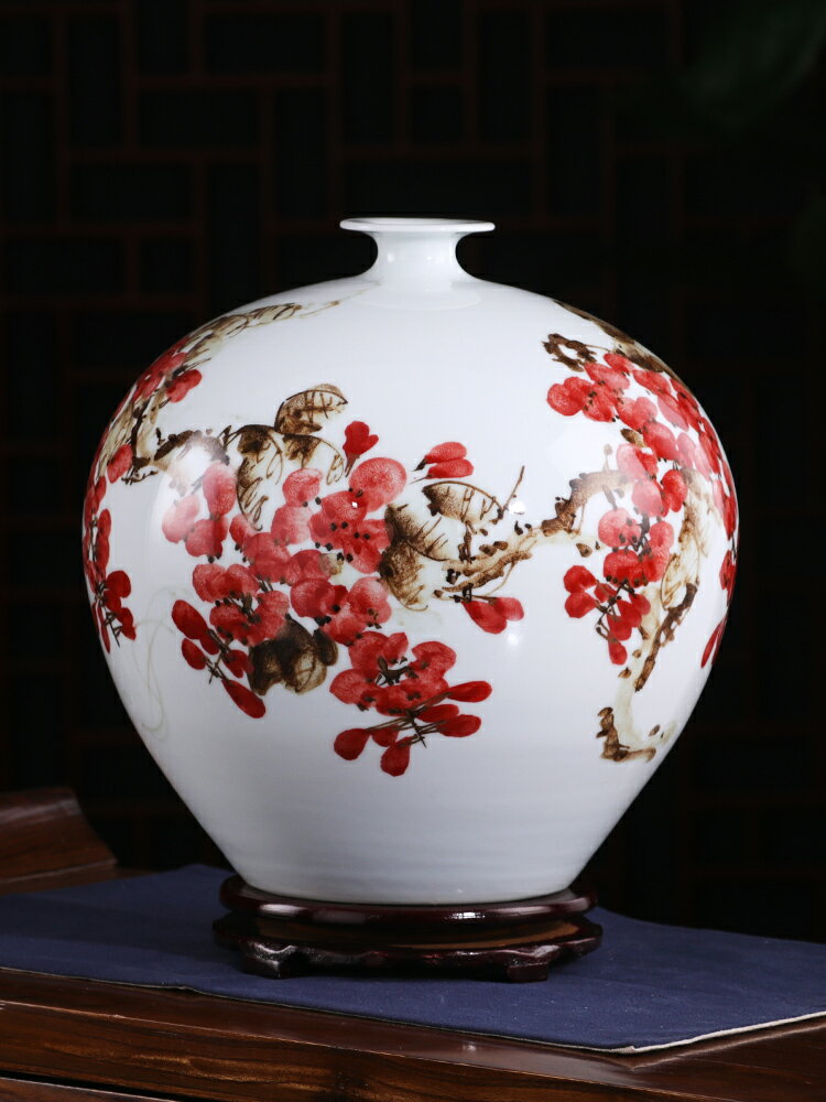 景德鎮陶瓷花瓶擺件名家手繪紫氣東來花瓶插花現代中式客廳裝飾品