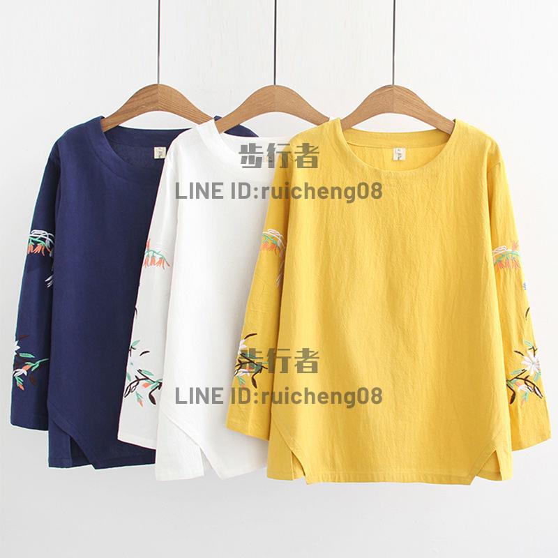 純棉刺繡長袖大碼打底衫春秋t恤復古女裝白色上衣媽媽裝【步行者戶外生活館】