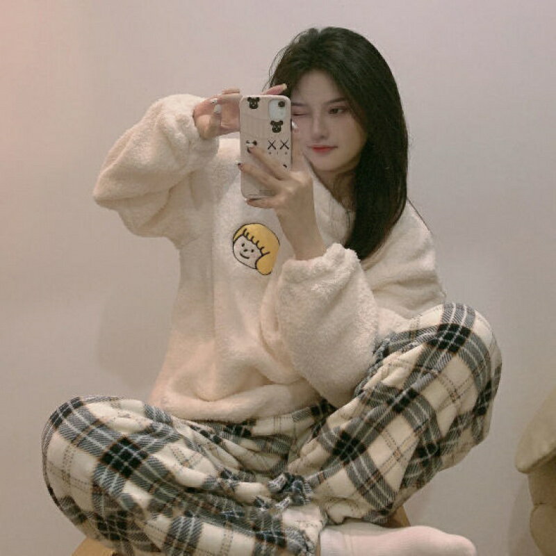 韓版可愛珊瑚絨睡衣女 日系格子睡褲 冬天刷毛加厚保暖法蘭絨睡衣 流行居家服兩件套