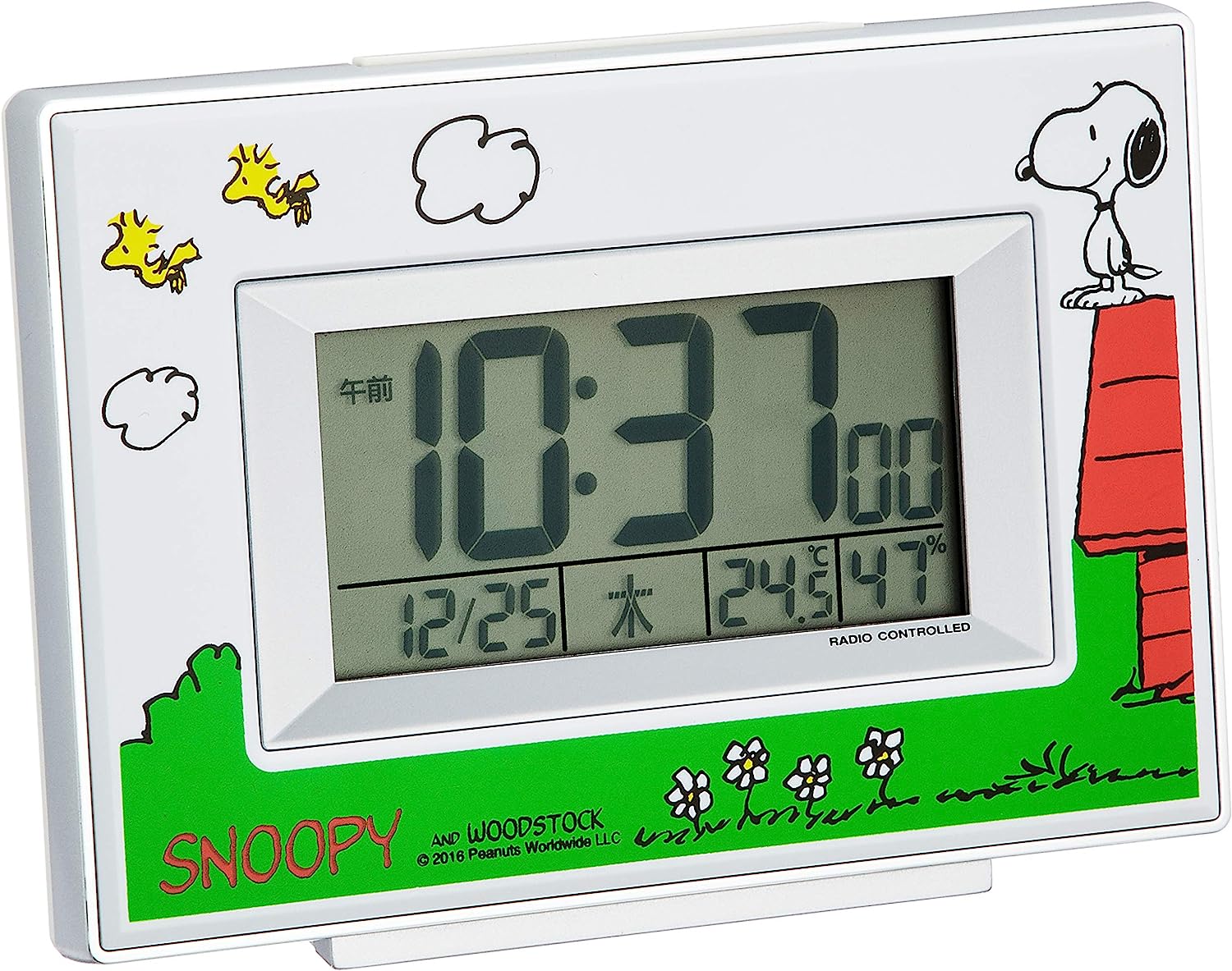 【日本代購】RHYTHM SNOOPY (史努比) 鬧鐘電波時鐘人物數字溫度濕度星期日曆顯示白色史努比R187 8RZ187-M03