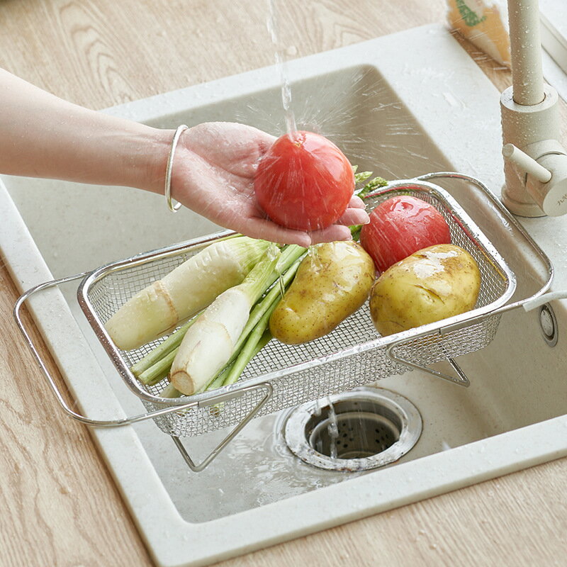 不銹鋼伸縮洗菜瀝水籃家用廚房碗筷架蔬菜籃水槽置物架過濾網