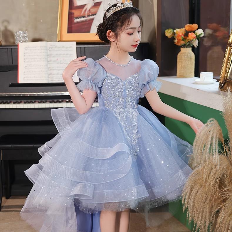 女童禮服走秀藍色公主裙小女孩生日兒童高階鋼琴演出服主持蓬蓬紗