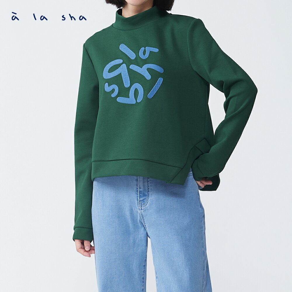 a la sha logo繡花下擺剪接長袖棉T