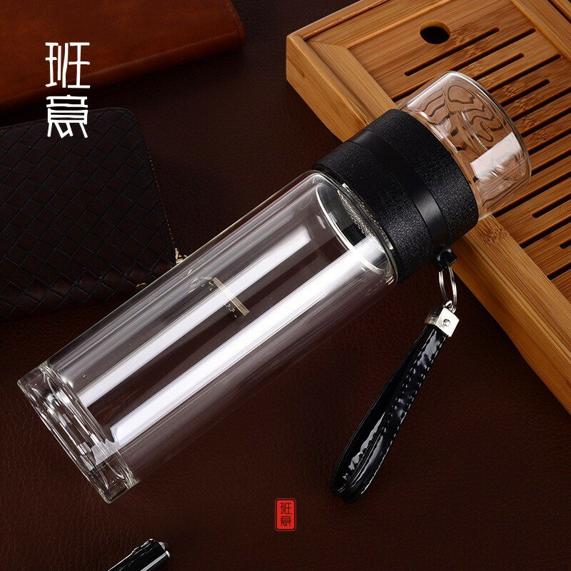 雙層家用帶蓋玻璃杯男女學生水杯辦公杯便攜泡茶杯透明杯子隨手杯1入