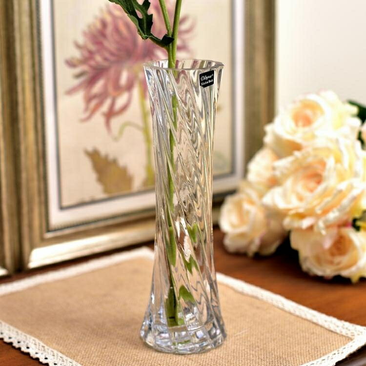 時尚田園斜紋玻璃花瓶透明收腰台面花瓶落地富貴竹百合插花花器