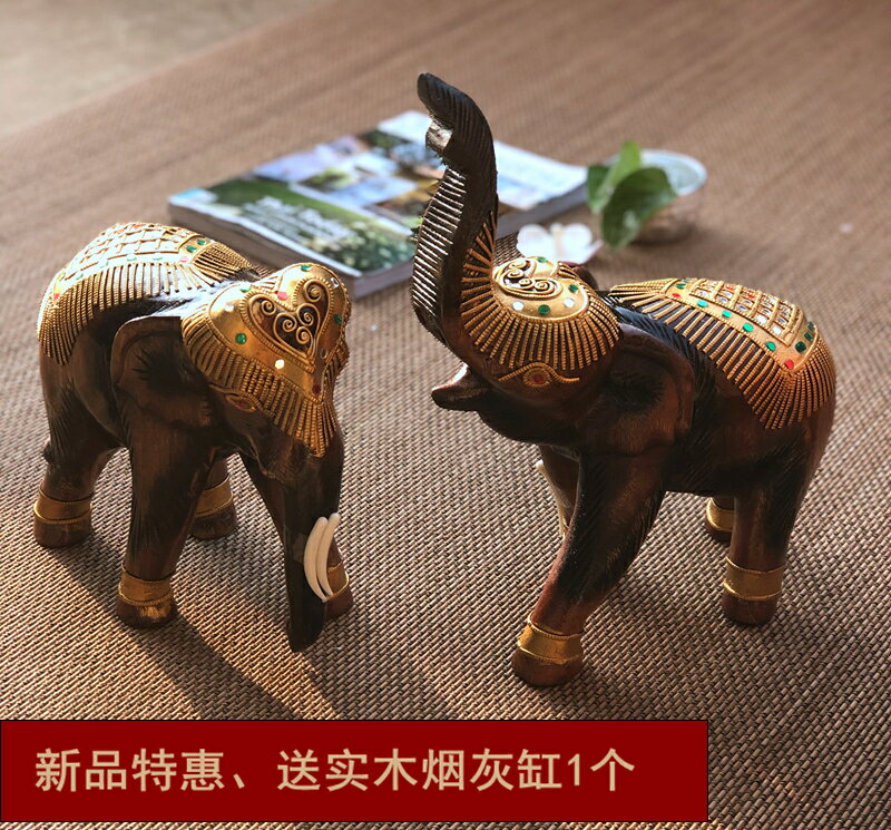 泰國披金招財大象風水象木雕擺件一對辦公室客廳玄關SPA酒店擺設