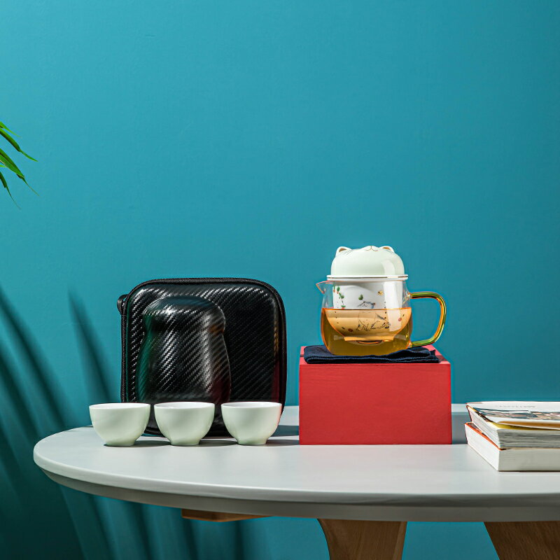 萌貓玻璃快客杯戶外便攜式旅行茶具套裝一壺三杯簡約茶具收納包
