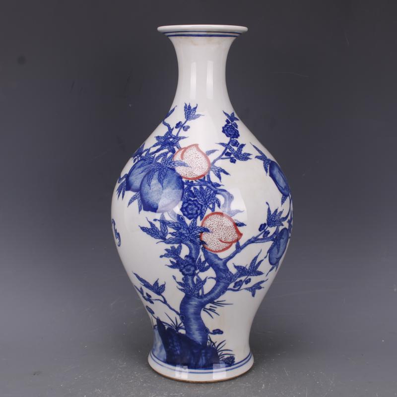 清乾隆青花釉里紅福壽九桃紋橄欖瓶仿古老貨瓷器家居中式擺件古玩1入 