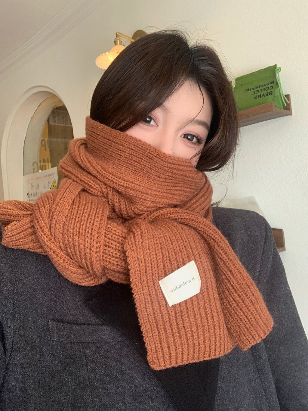 美拉德穿搭秋冬季新款高階感圍巾韓版保暖純色女毛線針織圍脖