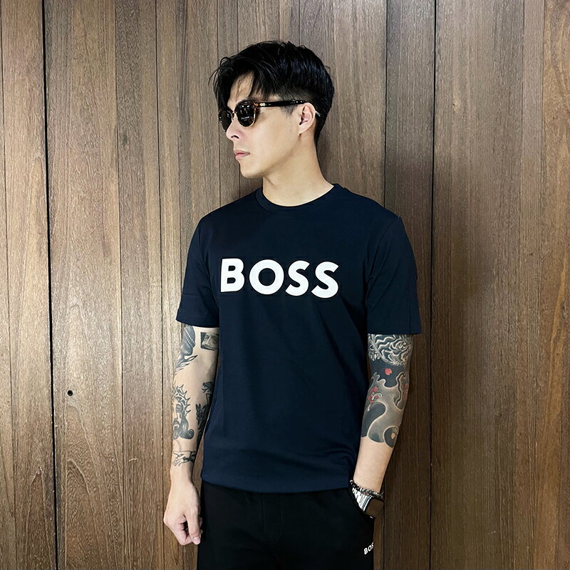 美國百分百【全新真品】BOSS 短袖 棉質 厚磅 T恤 圓領 T-shirt 休閒 上衣 LOGO 短T 深藍 CY83