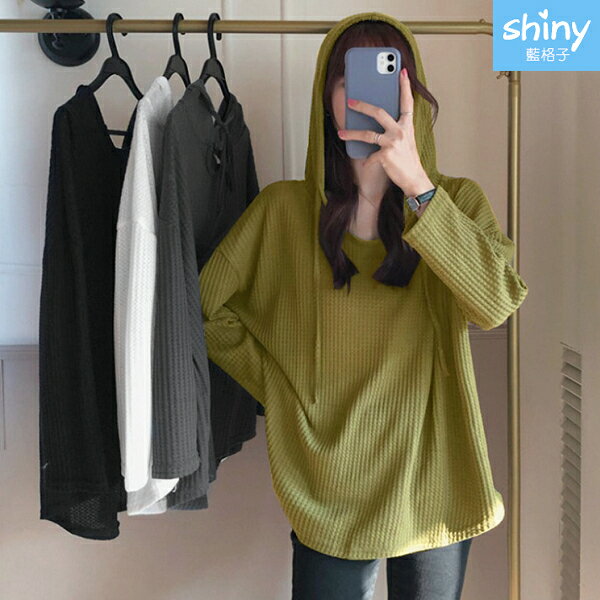 素面好搭．慵懶風寬鬆連帽長袖上衣- shiny藍格子【V3603】