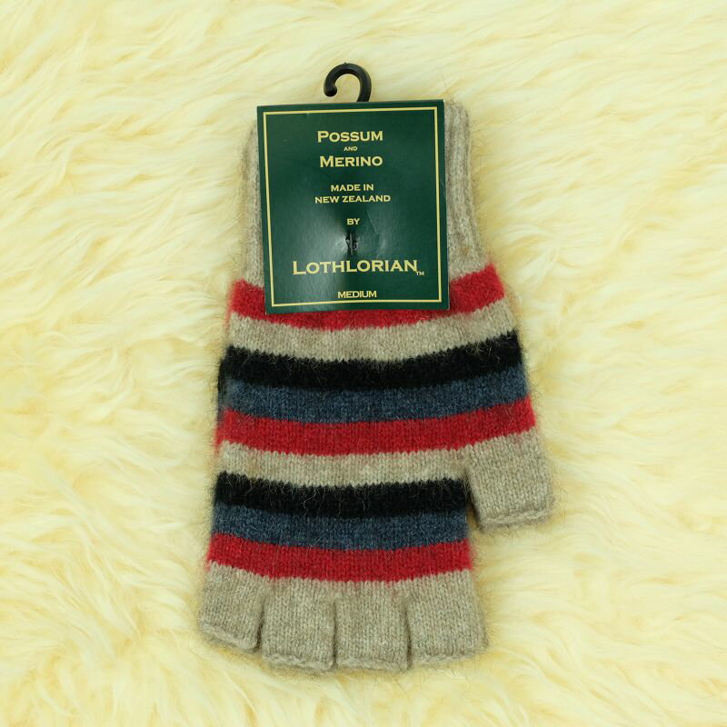 紐西蘭貂毛羊毛手套*超輕暖*露指手套*多彩條紋_紅丹寧黑天然 2