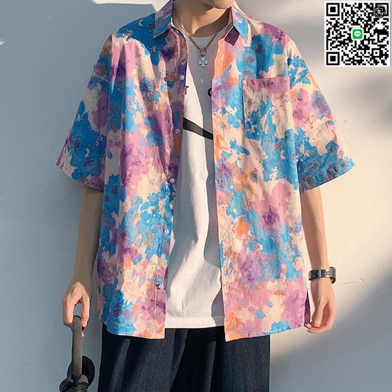 【千羽家居】現時下殺大AM-5XL大尺碼扎染短袖襯衫 男夏季薄款2022新款五分袖襯衫 痞帥大尺碼寬鬆襯衫外套 花襯
