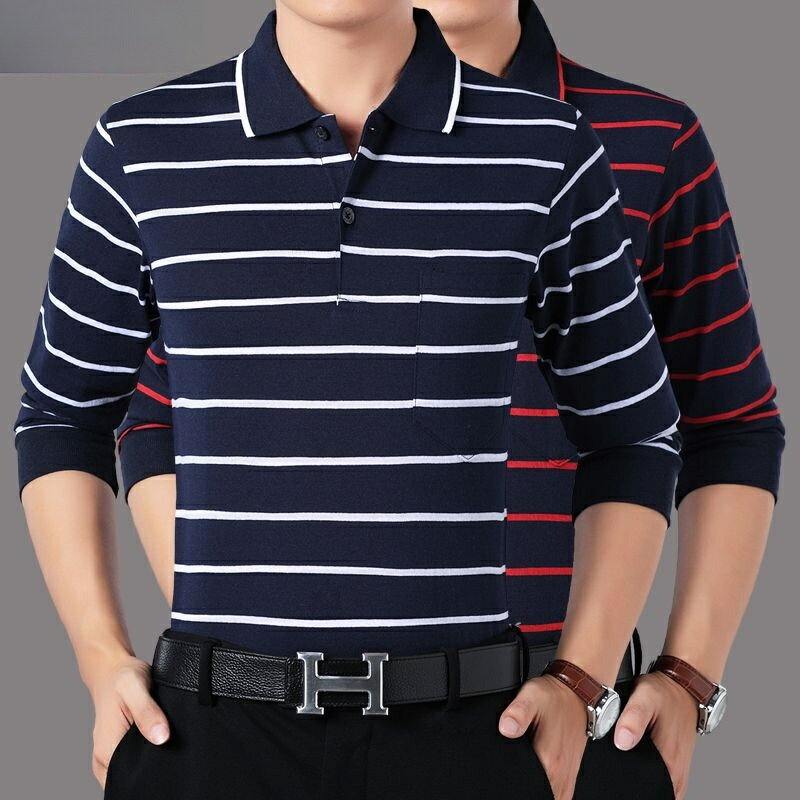 中老年條紋POLO衫男|大碼92.5公斤男上衣|純棉長袖POLO衫|春秋口袋打底衫|寬鬆休閒上衣|簡約韓版POLO衫