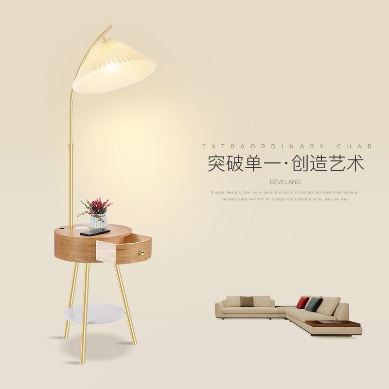 免運 附發票 落地燈 110v落地燈 燈具 原木茶幾落地燈客廳輕奢沙發邊設計感置物臥室床頭櫃智慧一體臺燈