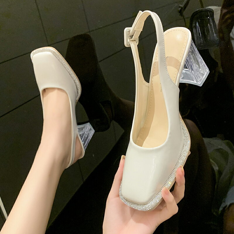 高跟鞋女夏季瑪麗珍鞋單鞋新款仙女風方頭水晶粗跟包頭涼鞋