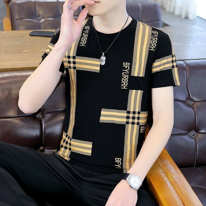男士冰絲上衣|男大尺碼100公斤男裝上衣|夏季圓領T恤|簡約百搭條紋上衣|舒適T恤衫|冰絲短袖上衣|休閒短袖衫|韓版上衣