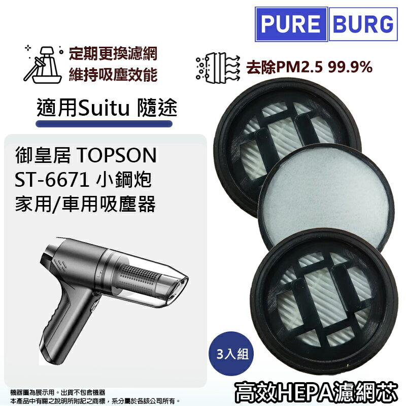 3入組-適用Suitu 隨途ST-6671 /御皇居TOPSON小鋼炮家用/車用持吸塵器替換用高效HEPA 濾網濾芯