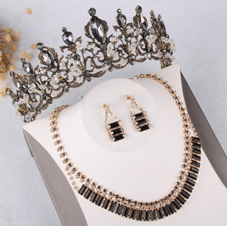 原創歐式女王巴洛克大皇冠古銅黑新娘皇冠項鏈耳環三件套婚紗配飾