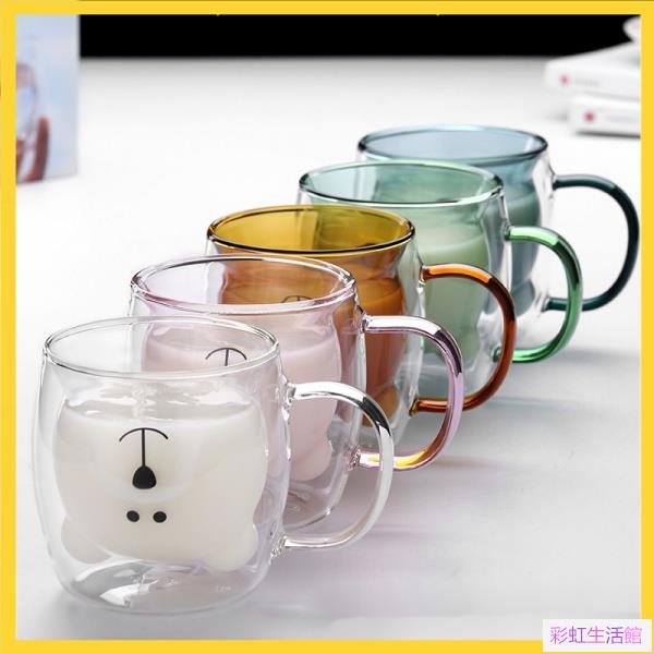雙層玻璃杯250ml可愛小熊杯水杯卡通玻璃杯卡通雙層杯咖啡杯牛奶杯