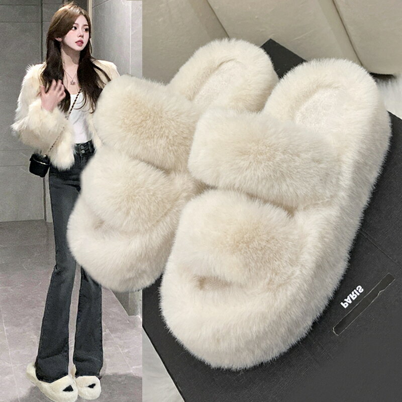 大碼毛毛拖鞋女2024新款百搭高跟厚底增高7cm小個子毛絨棉拖外穿【淘夢屋】