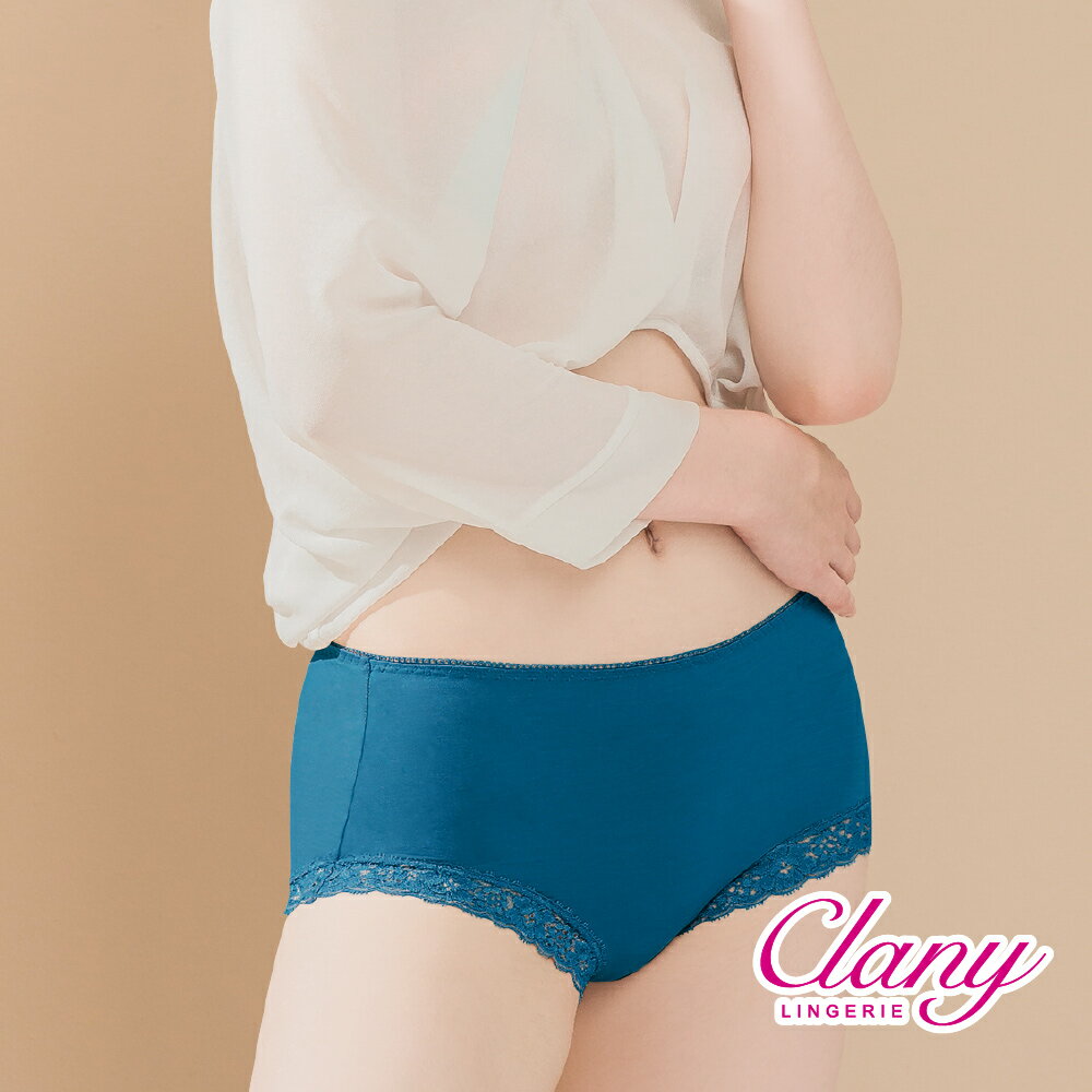 【可蘭霓Clany】台灣製絲蛋白性感蕾絲抗敏M-XL中腰彈性包臀內褲 包覆健康環保 (閃耀藍 2171-53)