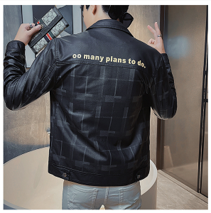 FINDSENSE X 男士格子拼接設計皮夾克印花外套