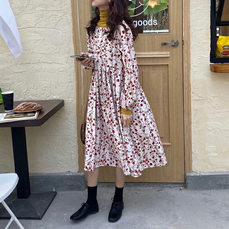春季新款韓版復古方領碎花連衣裙女中長款加厚燈芯絨過膝長裙1入
