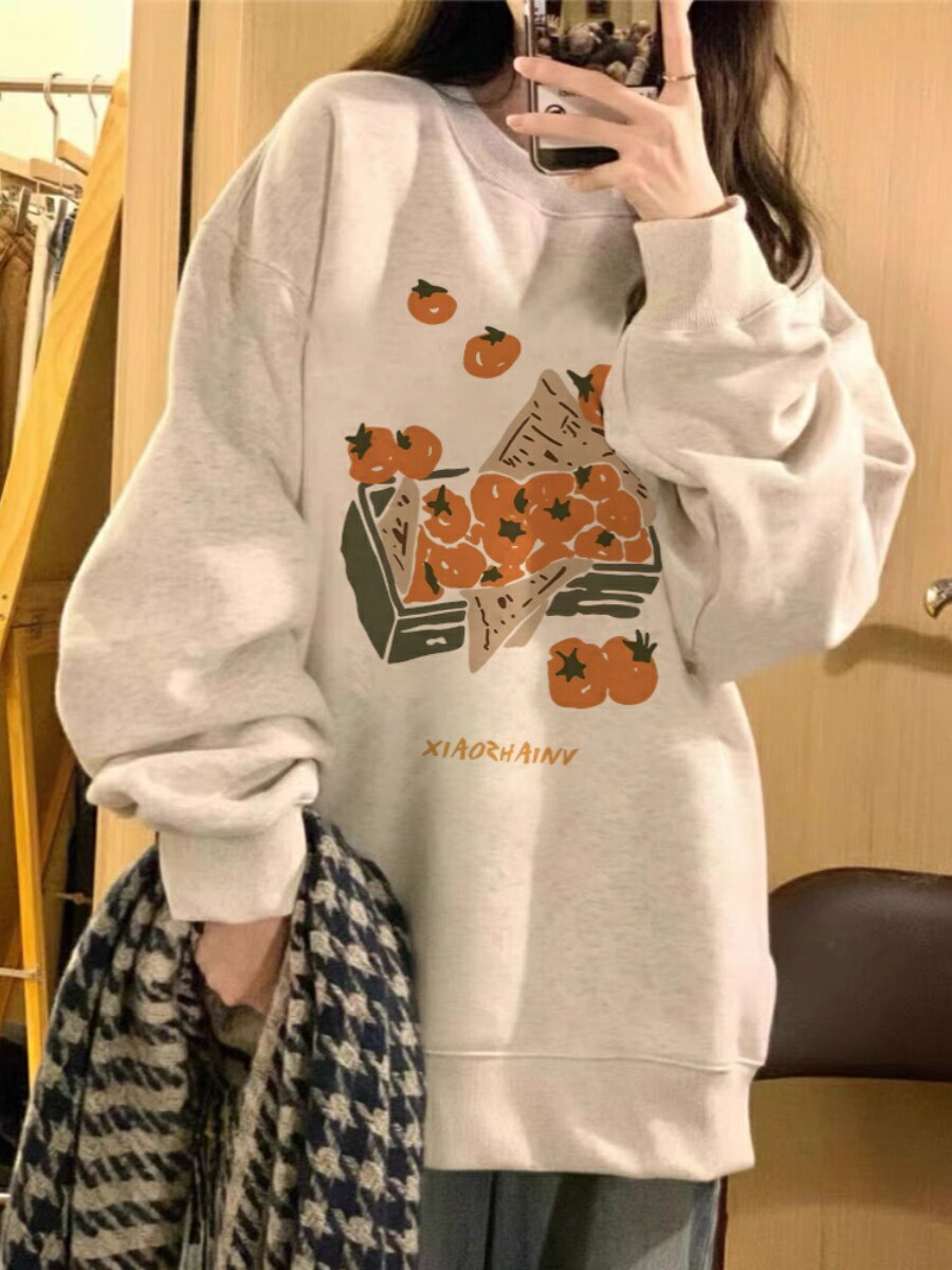 美式復古加絨無帽上衣女2026新款秋冬設計感小眾oversize圓領上衣