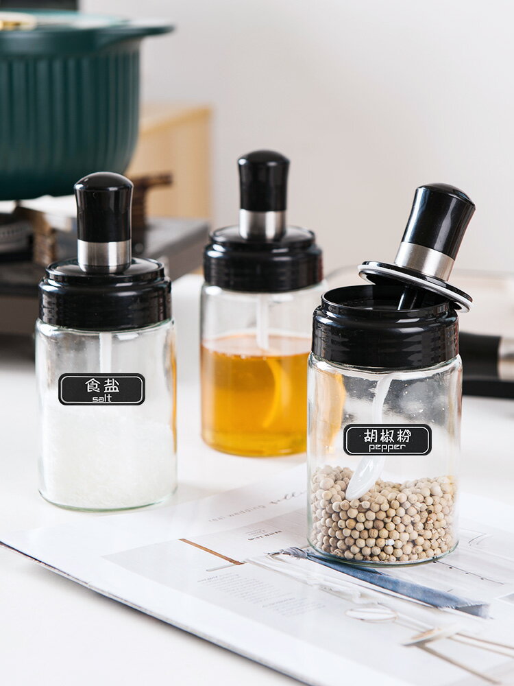家用廚房玻璃調味罐組合套裝放鹽味精罐子帶勺子調料盒子油壺油瓶