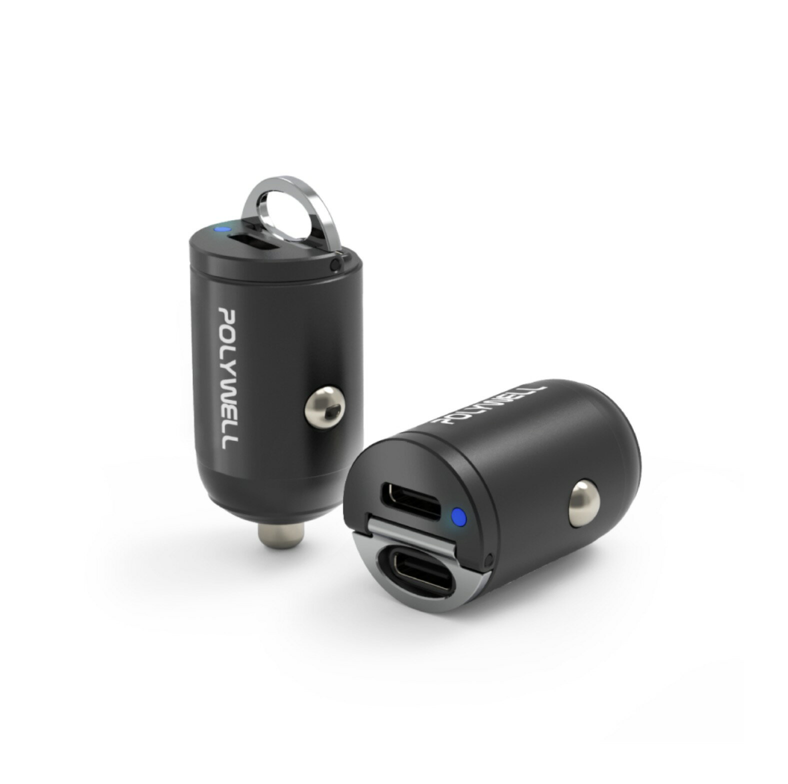 POLYWELL 雙 Type-C 27W 迷你 車用 充電器  PD 快充 充電頭 隱藏式設計 帶LED 1