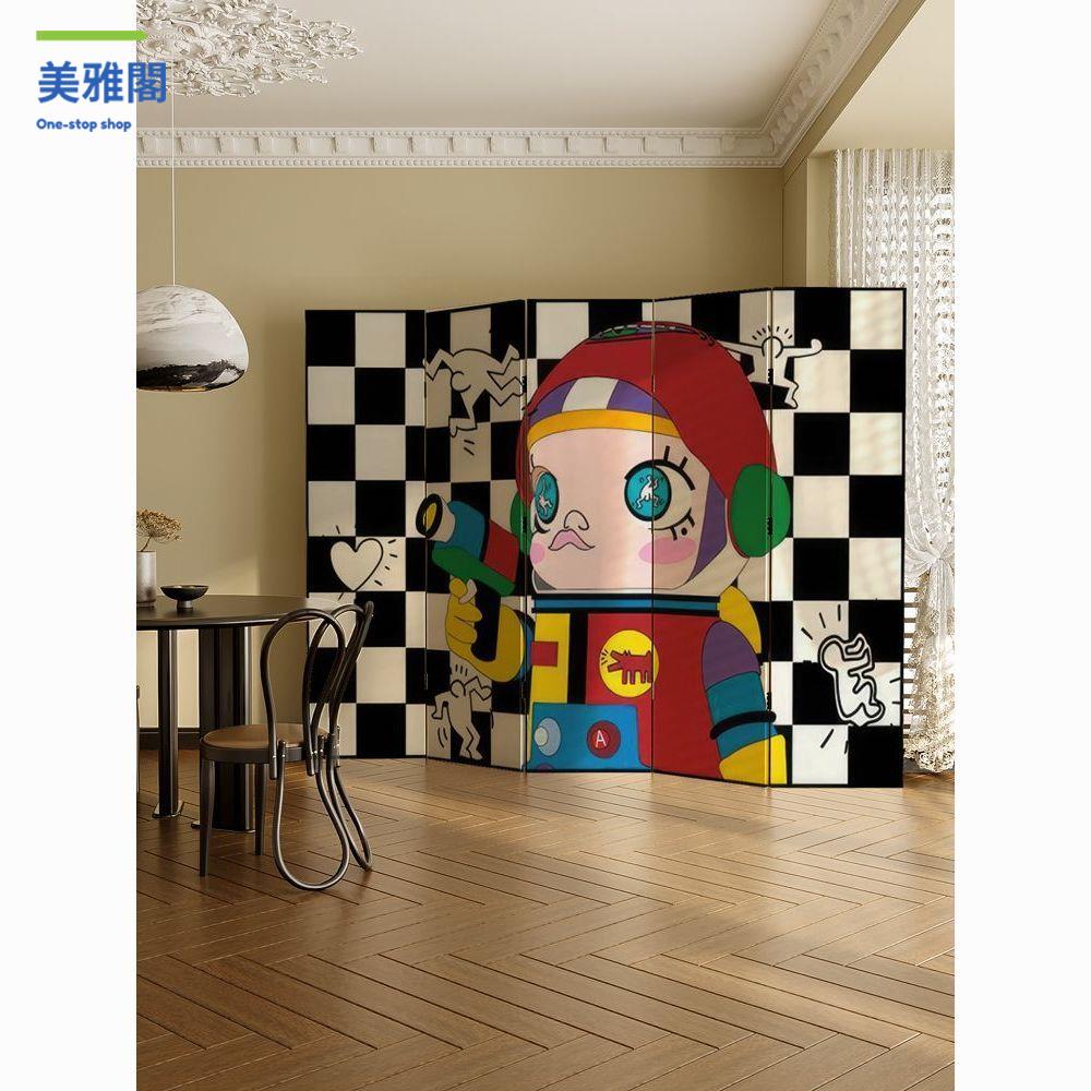 現貨 屏風 折疊屏風 隔斷 移動屏風 現代簡約客廳沙發背景墻卡通人物遮擋客廳法式復古擋板家用 八折減免 特價出 可開發票