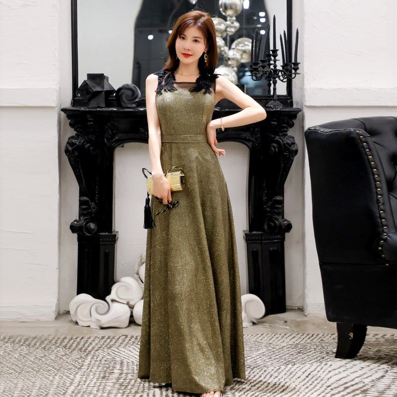 星光閃閃造型花飾肩帶燙金絲閃亮婚宴長禮服/宴會/主持人/表演[9692-JK]灰姑娘