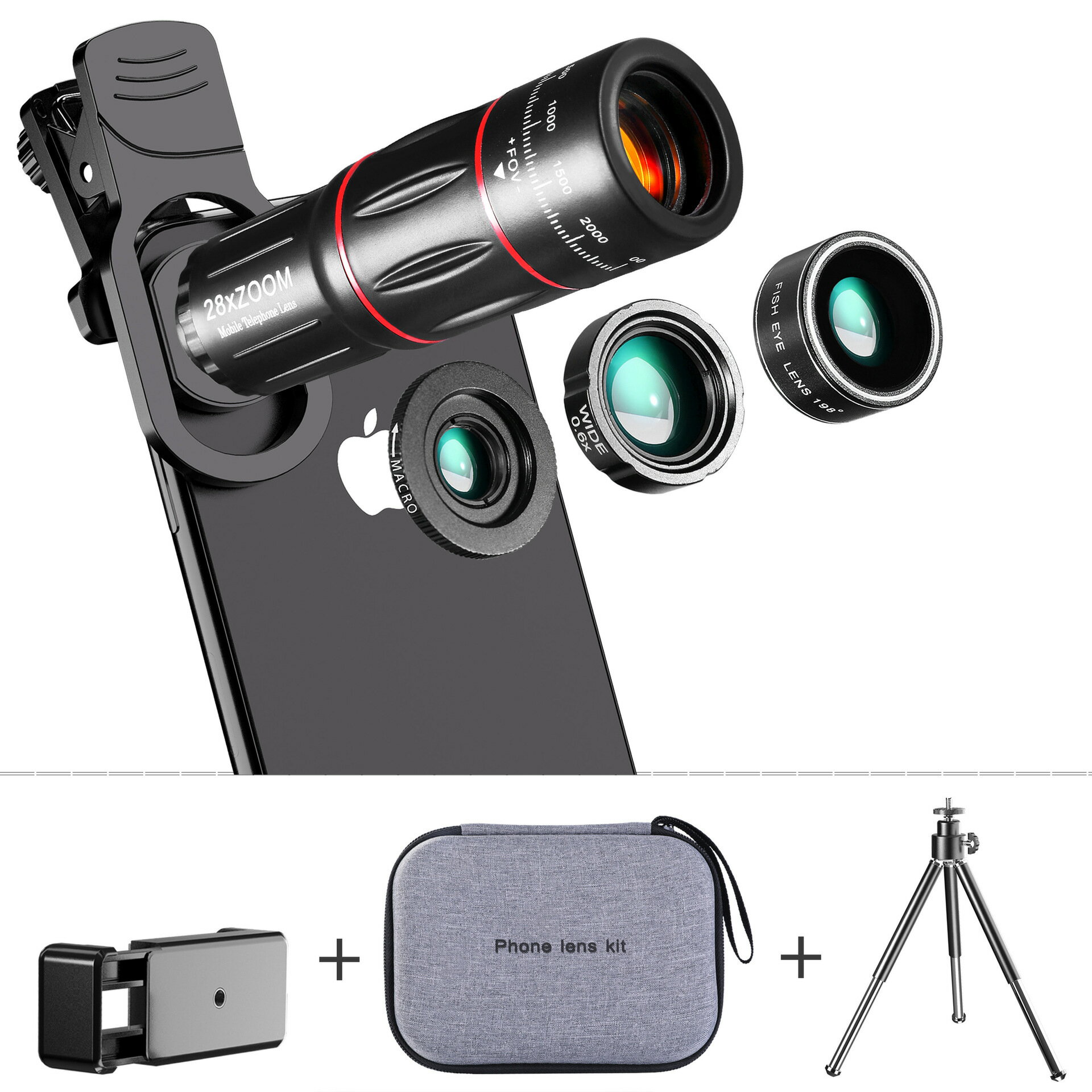 手機長焦望遠鏡頭28X廣角微距魚眼四合一套裝lens高清外置攝像頭